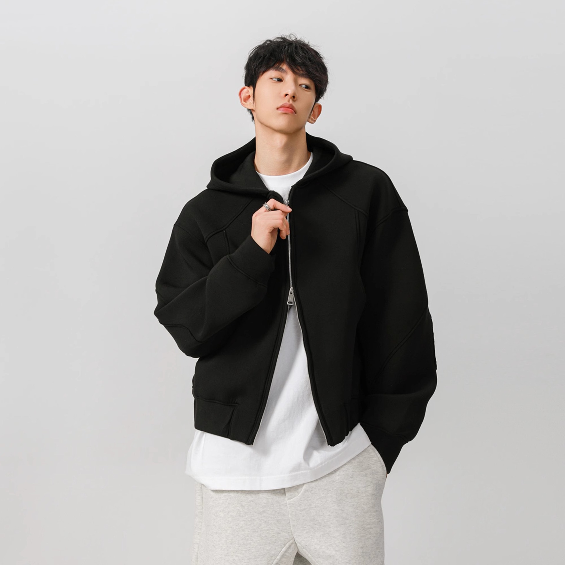 460グラムcleanfitアメリカの重いポンドの短い帽子のダブルジッパーのカーディガンの男性の冬のファッションブランドのコートの服