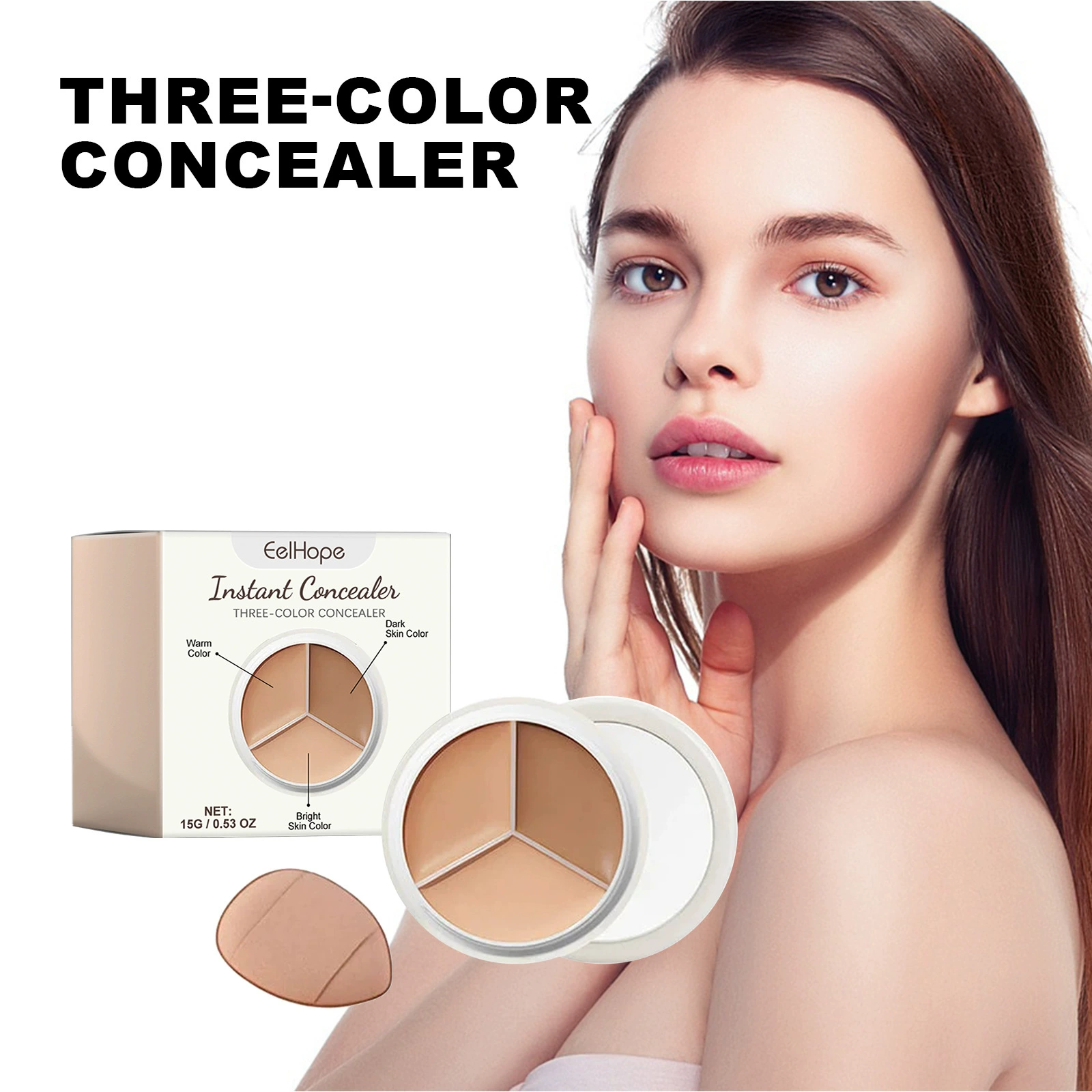 Concealer EELHOPE three-color compact, 15 g — brightening, dark-circle & blemish coverage