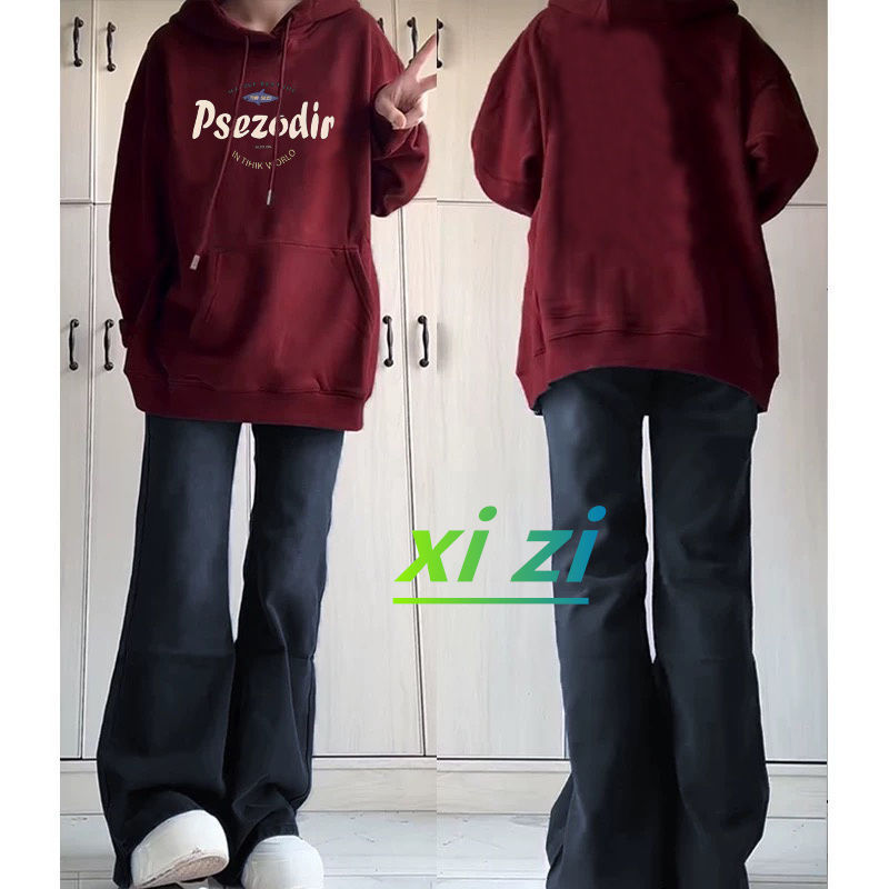秋冬穿搭高级感套装2024新款酒红连帽加绒卫衣女微喇牛仔裤两件套