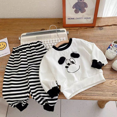 兒童秋季套裝2024新款男女童卡通長袖衛衣寶寶條紋休閒褲兩件套潮