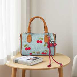 甜心樱桃手提包包女士牛仔蓝波士顿包超火上班小拎包工厂一件代发