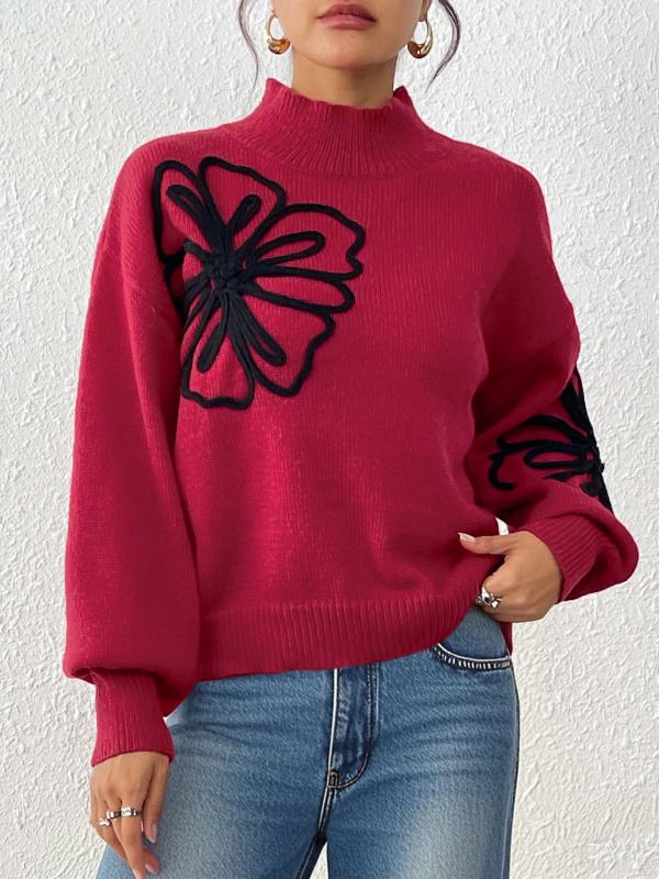 レディース秋冬トップスクロスボーダー欧米服立体リボン刺繍花ハーフタートルネックランタンスリーブプルオーバーセーター|undefined