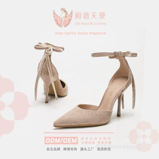 尖头中空高跟鞋秋冬季新品绒布蝴蝶结装饰优雅时尚包头细高跟鞋女