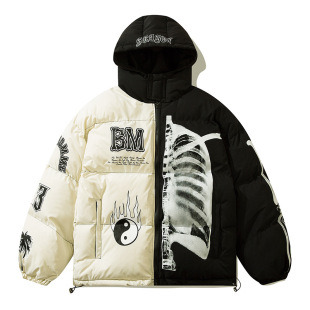 Qihong Clothing Society Tide Brand Street Tide Tai Chi Printed Distinctive Cotton-padded Jacket Hooded American Vintage Coat Men