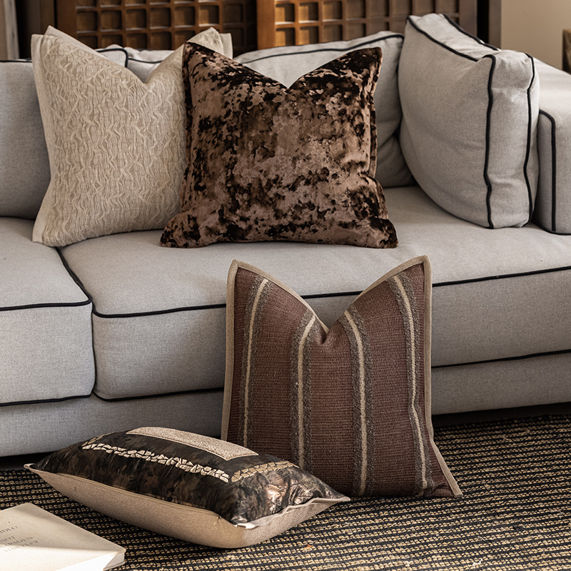 Modern Simple Light Luxury Style Brown Coffee Ice Velvet Pillow Living Room Antique Style Cushion Hotel Soft Decoration High-End Cushion