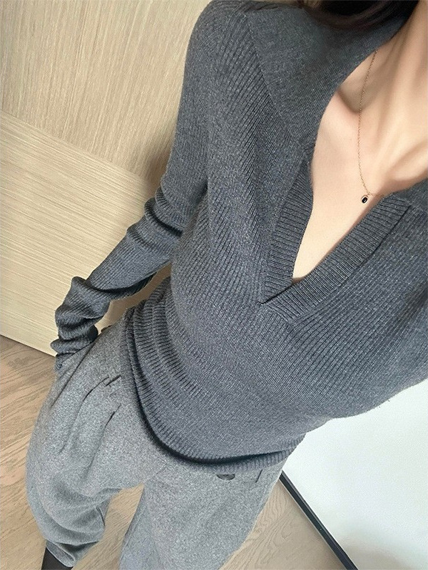 灰色polo领修身羊毛针织衫上衣韩系内搭打底衫翻领毛衣女早秋|undefined