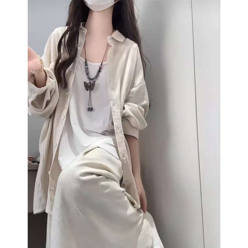入春小香风穿搭女2025新款休闲洋气宽松衬衫外套内搭背心半身裙套|undefined