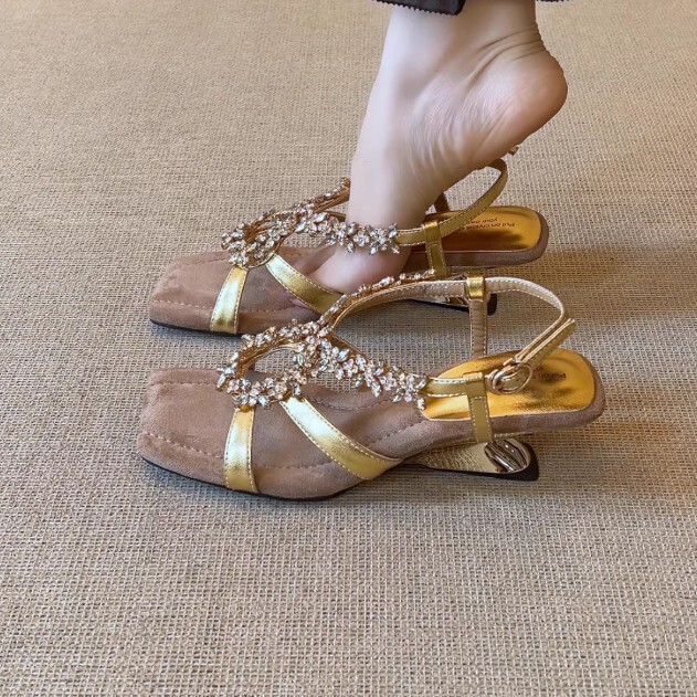 5cm Stunning Rhinestone Cross-Strap Fashion Sandals with Square Toe, Comfortable Irregular Wedge Heel, and Open Toe Design