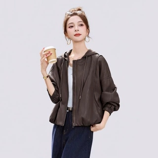 短款连帽皮衣外套女2026秋季新款小个子复古宽松休闲百搭夹克上衣