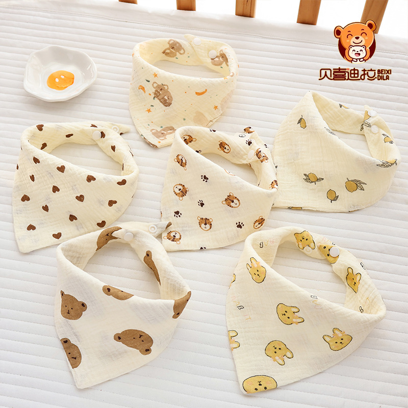 Baby Triangle Saliva Towel Crepe Cotton Gauze Breathable and Absorbent Baby Bib Cartoon Newborn Neck Bib
