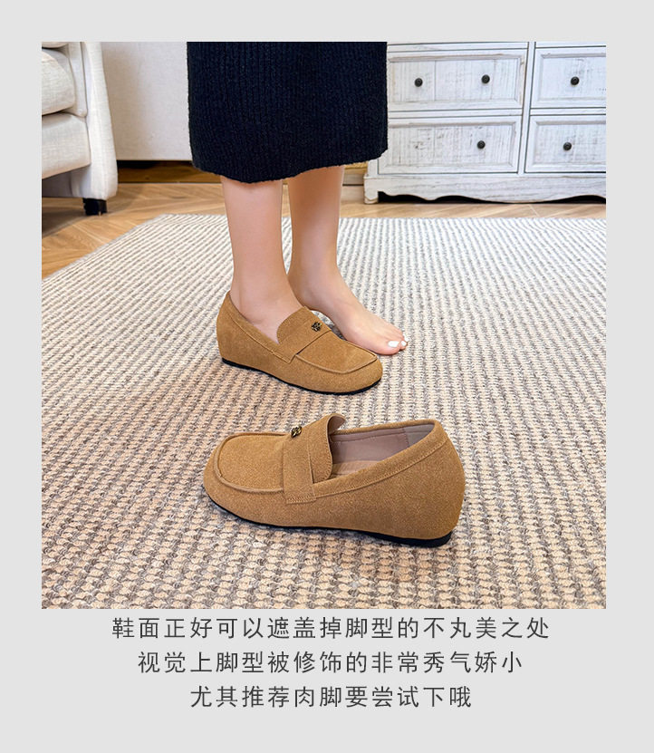 Giày lười nữ đế mềm bề mặt mềm, mũi tròn, gắn hoa trà trang trí, tăng chiều cao ẩn, phong cách công sở — Khaki (toàn dải), Màu xám (toàn dải) chi tiết 8