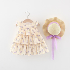 Summer Girls Dress Thin Flowered Sleeveless Chiffon Tiered Dress for Infants and Toddlers Cute Princess Dress with Hat