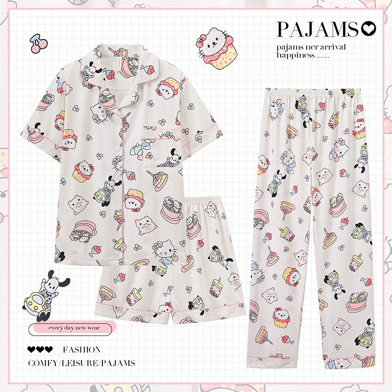 2024 new hellokitty pajamas women's spring and summer short sleeve three-piece cotton cute Sanrio home clothes