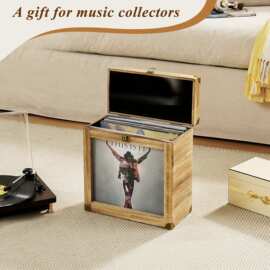 跨境木制黑胶唱片收纳盒复古乡村风实木唱片储存盒CD保护收纳盒