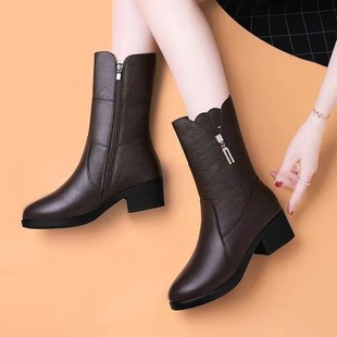 Soft Leather Thick High-heeled Martins Boots Women's Mid-heeled Boots 2024 Autumn and Winter New Arrival fleece-lined All-match Cotton Shoes Women's Boots in stock