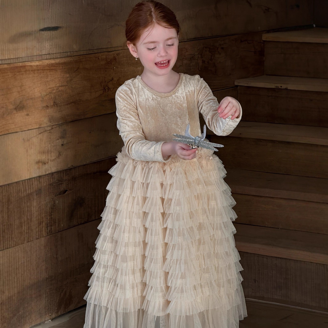 Chengle 25 Winter Korean Style Girls Velvet Mesh Dress Girls Birthday Princess Long Skirt with Inner Skirt