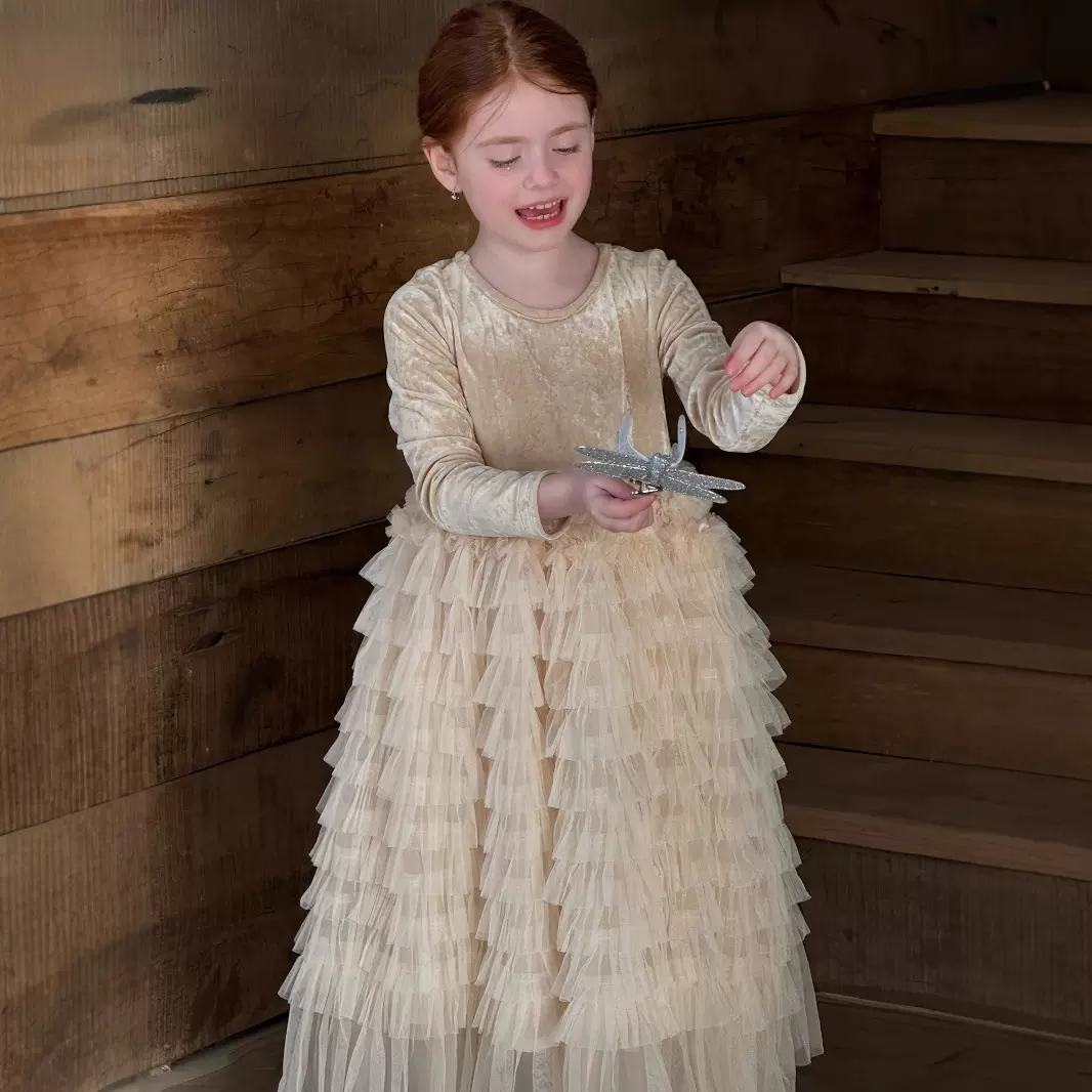 橙乐25冬季韩版女童丝绒网纱连衣裙 女童生日公主长裙内搭裙子