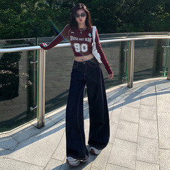 深蓝原牛阔腿牛仔裤女2025年秋冬新款直筒宽松高腰显瘦百搭拖地裤