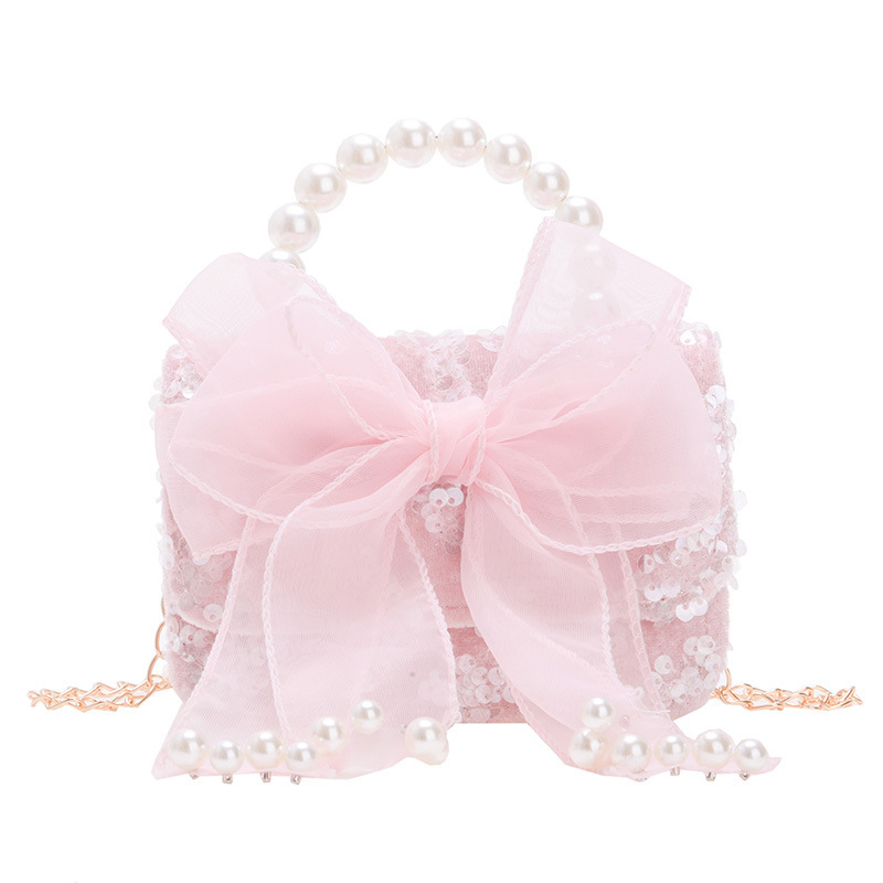 Bagos de perlas de niñas, arco de encaje de arco de princesa, bolsos de hombro de nueva cadena, bolsos para niños