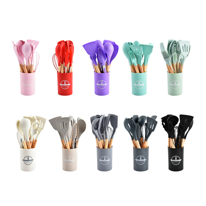 Utensilios de cocina de silicona, juego de 12 piezas, espátula y cuchara antiadherentes, juego de utensilios de cocina de calidad alimentaria con mango de madera, 11 piezas de almacenamiento