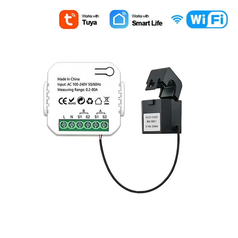 Солнечный фотоэлектрический двунаправленный счётчик Tuya Smart 1/2 канала с Wi‑Fi и трансформатором тока (CT), AC110/240