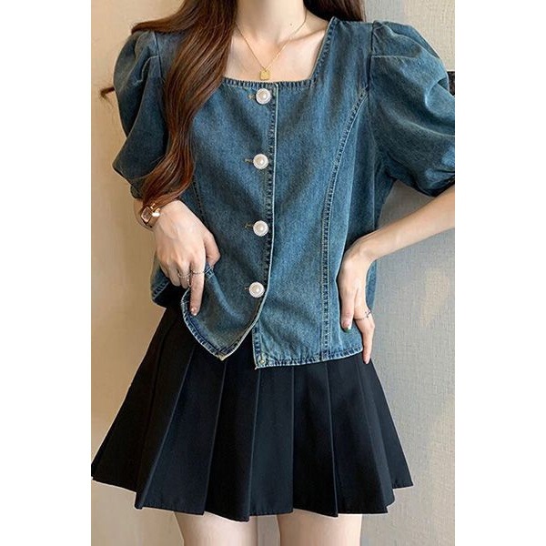 Designed Denim Shirt for Women, Loose Fit, 2026 Summer Korean Style, Puff Sleeves, Square Collar, Versatile Short Top