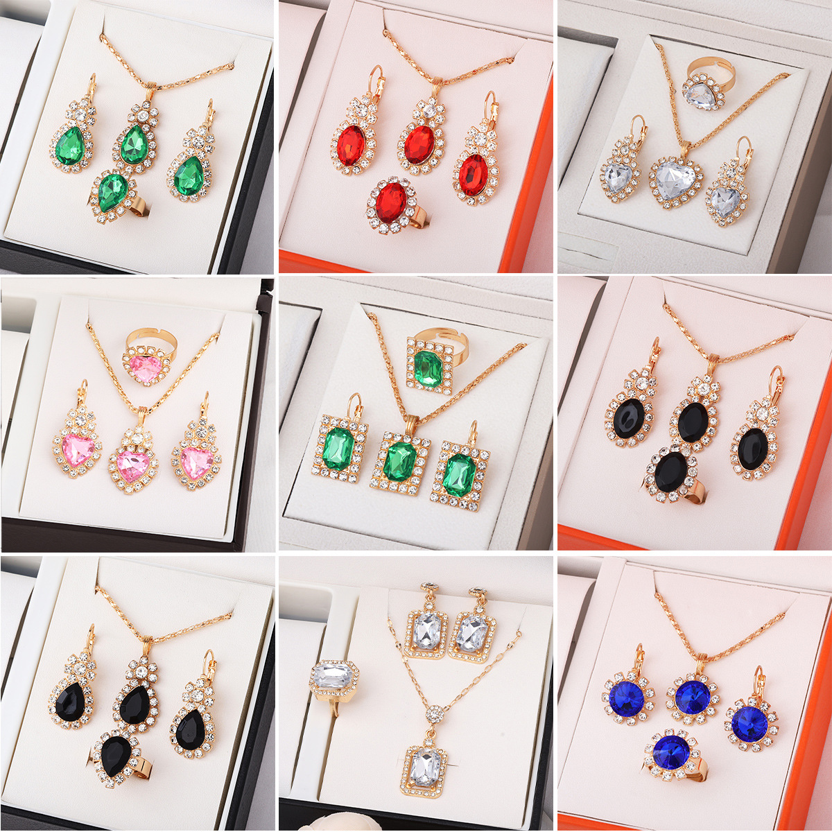 European and American Hot-Selling Water Drop Rhinestone Necklace, Earrings and Ring Three-Piece Jewelry Set, Fashionable and Versatile Shiny Jewelry Set