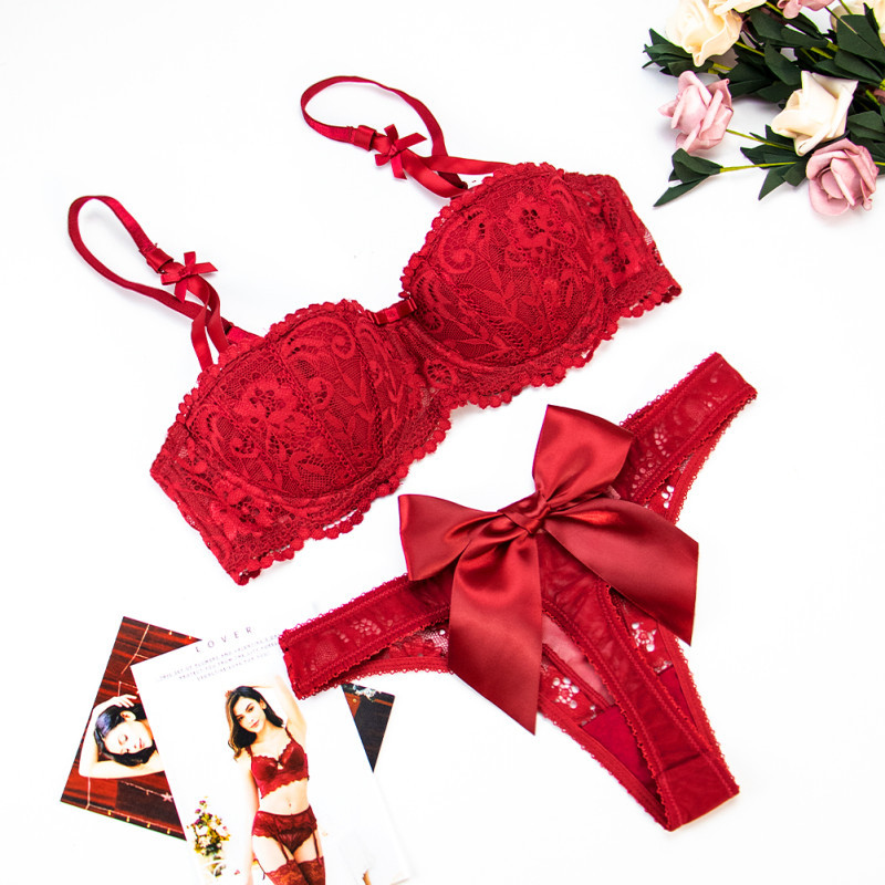 Varsbaby Court Vine Embroidered Lace Large Bow Half Cup Bra Set Thin Cotton Cup Underwear