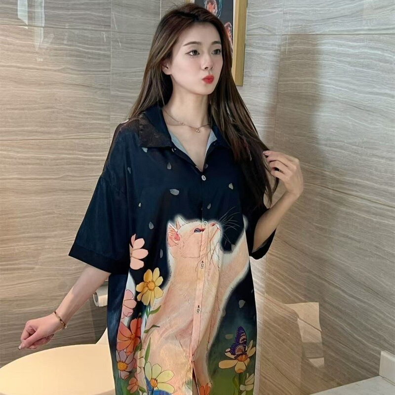 Trendy Popular Nightgown for Women, Summer Ice Silk Short-Sleeve Cute and Sexy Shirt Dress, High-End Loose Plus-Size Loungewear Trendy Popular Nightgown for Women, Summer Ice Silk Short-Sleeve Cute and Sexy Shirt Dress, High-End Loose Plus-Size Loungewear