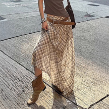 欧美复古网纱格纹大裙摆半身裙女跨境新款低腰撞色透视感轻薄长裙