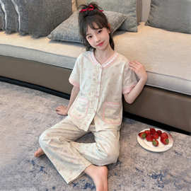 女童短袖睡衣套装2026夏装新款大童休闲空调服亲肤透气碎花家居服