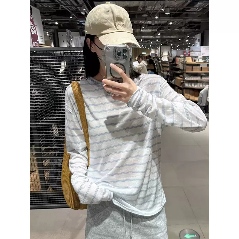 薄款条纹长袖t恤女2026新款爆款春夏冰丝防晒罩衫慵懒风针织上衣