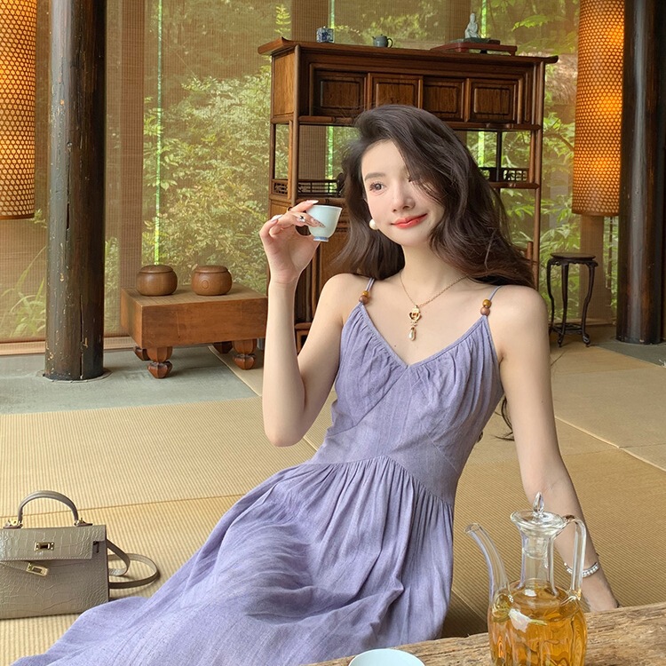 2025 Amazon 新製品美しい紫色のサスペンダードレス女性の夏の島辺りの休暇ウエストビーチスカート|undefined