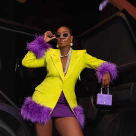 欧美秋冬西装外套性感深V收腰修身羽毛拼接时尚洋气名媛毛毛可拆