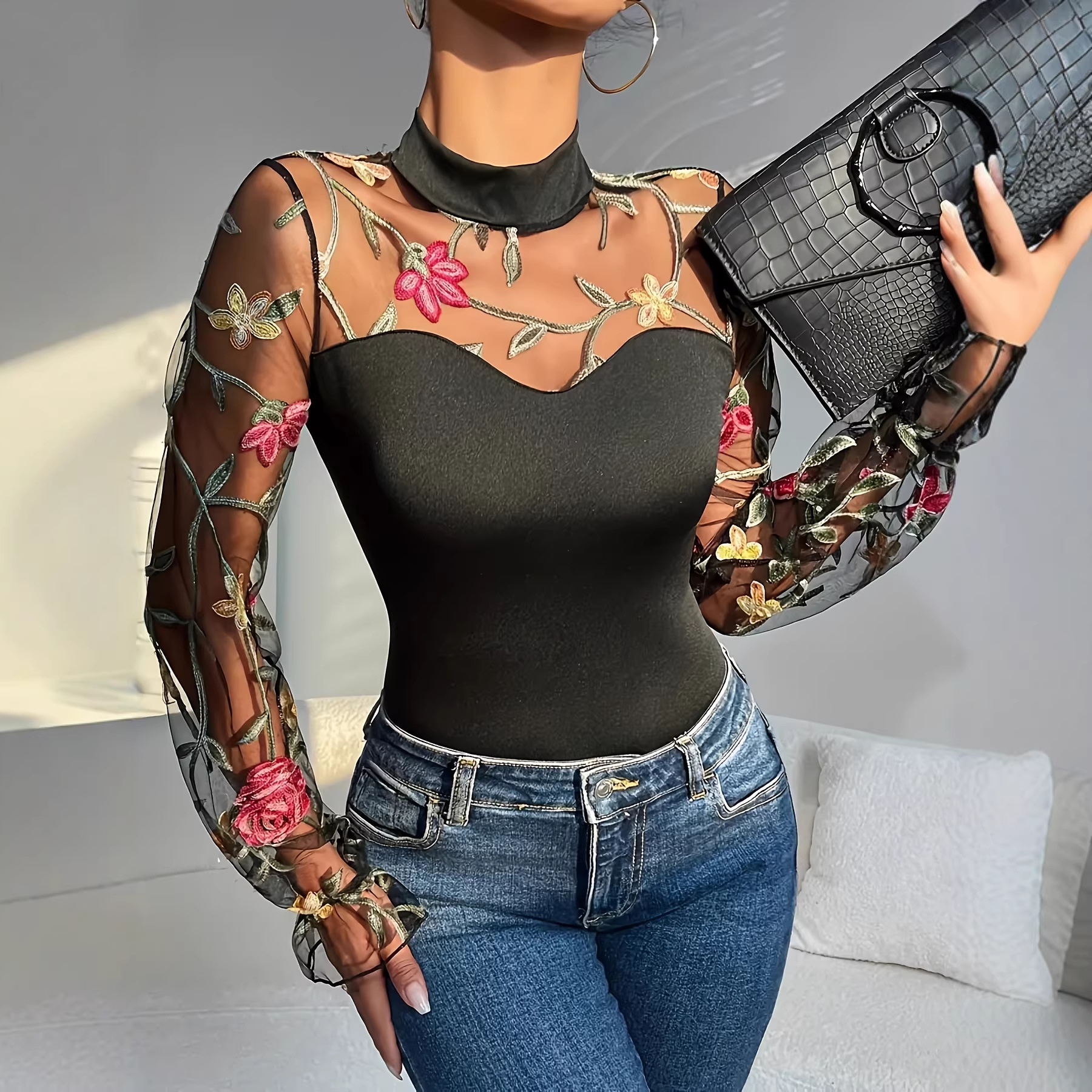 Sexy Damen-Body aus Spitzenmesh mit langen Ärmeln, halbhohem Rollkragen, transparentem Einsatz, Bauchkontrolle, dehnbarem Material – perfekt für Clubbesuche und Dates._voghion.com