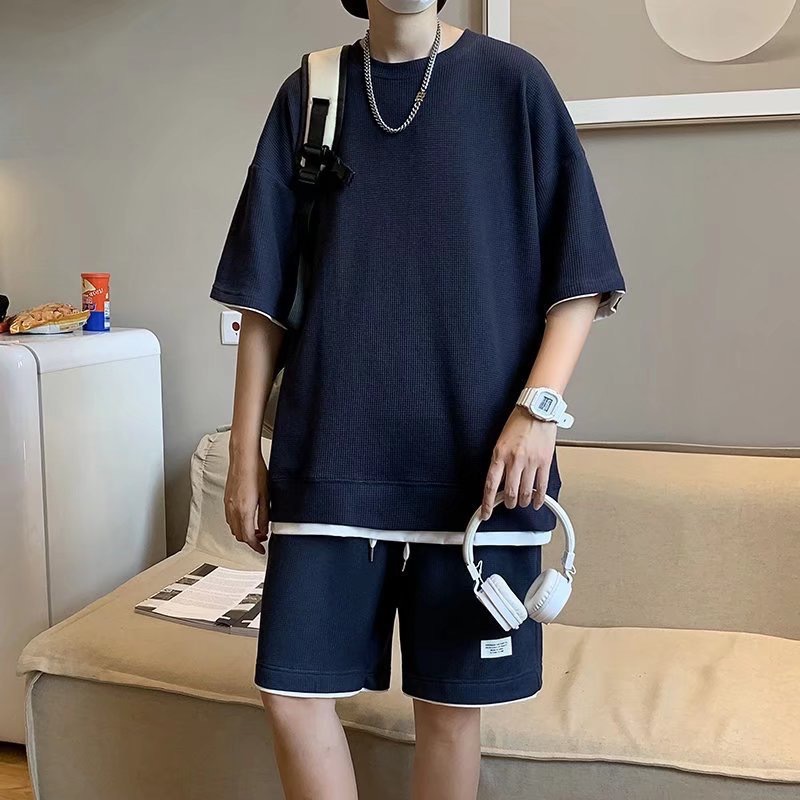 Summer Ice Silk Short-Sleeved Men's Clothing Set with Handsome Trendy Waffle Shorts Suit Men's Sportswear