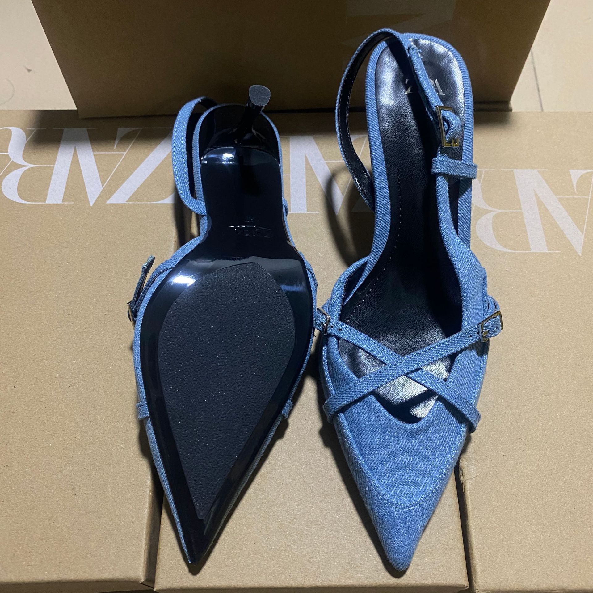 ZAJ2025 Spring Women's Shoes Blue Denim High Heeled Mule Shoes British Cross Strap Sandals Women's Shoes