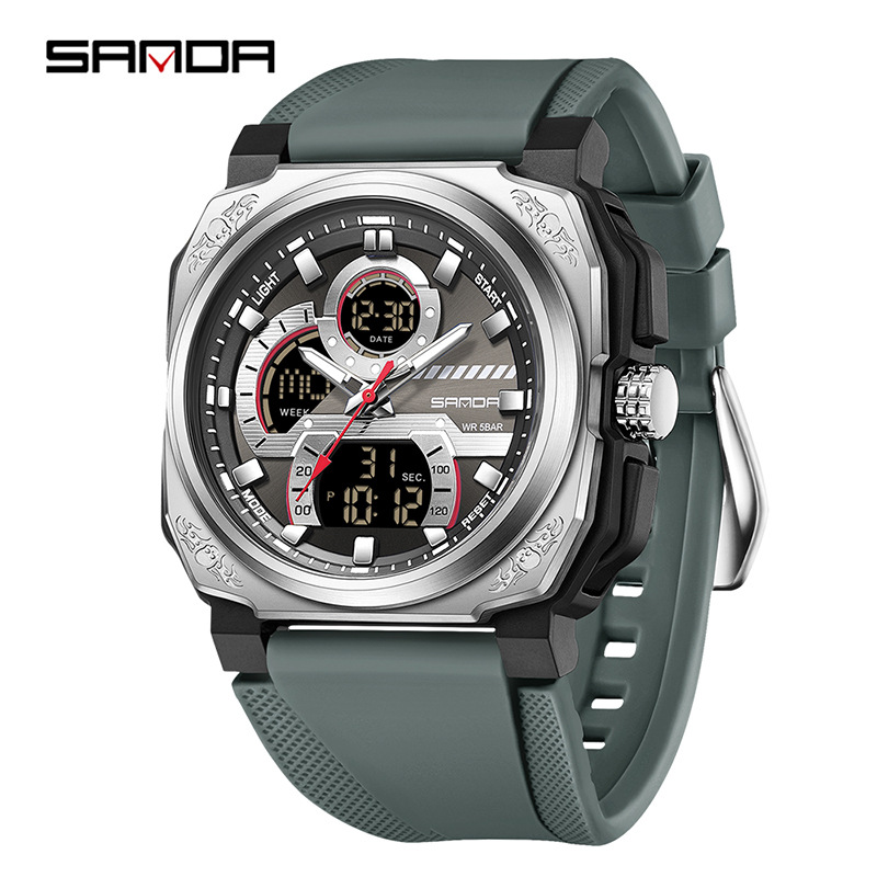 Sanda SANDA multifuncional moda juvenil doble pantalla impermeable reloj para hombre cuadrado deportes de ocio reloj electrónico para estudiantes