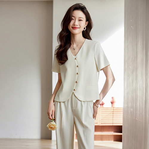 Off-white suit suit for women summer new short-sleeved jacket fashionable temperament two-piece suit pants for small people