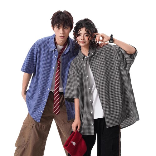 American grid short-sleeve shirt for men and women, summer trendy brand loose pure cotton open jacket, casual couple's shirt and outerwear