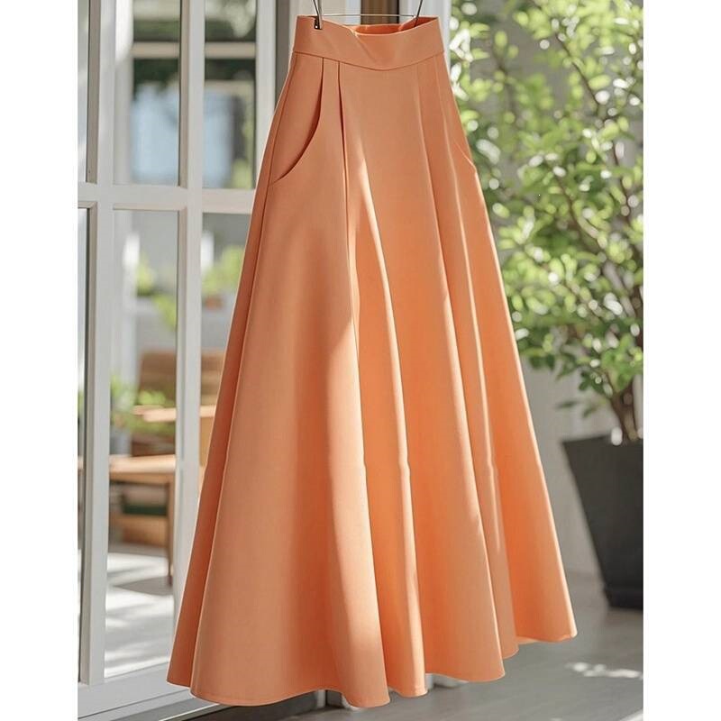 2026 Summer New Fashion French Retro Design Loose Casual Slimming Orange Long Skirt for Women