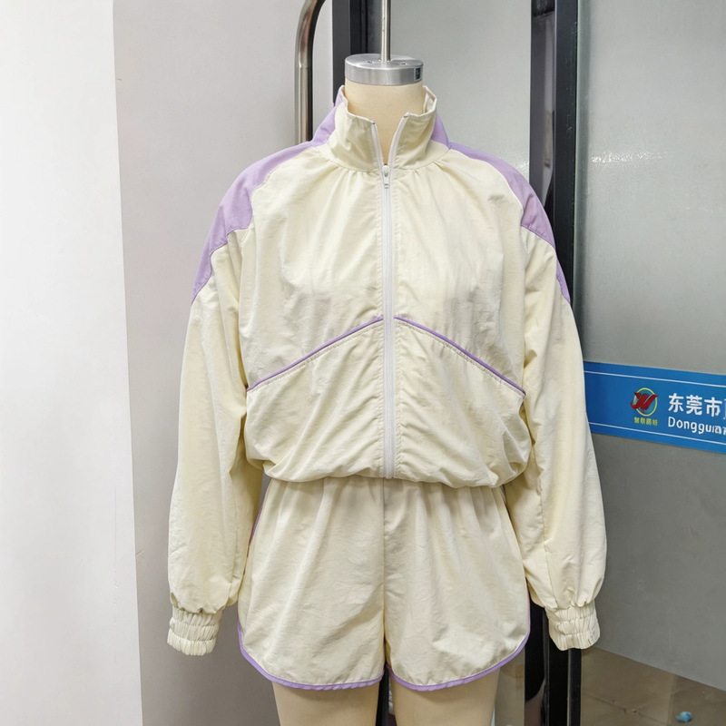 Cross-border European and American color-blocked raglan sun protection set: stand-up collar zip-up short jacket and elastic high-waisted casual shorts two-piece set Cross-border European and American color-blocked raglan sun protection set: stand-up collar zip-up short jacket and elastic high-waisted casual shorts two-piece set