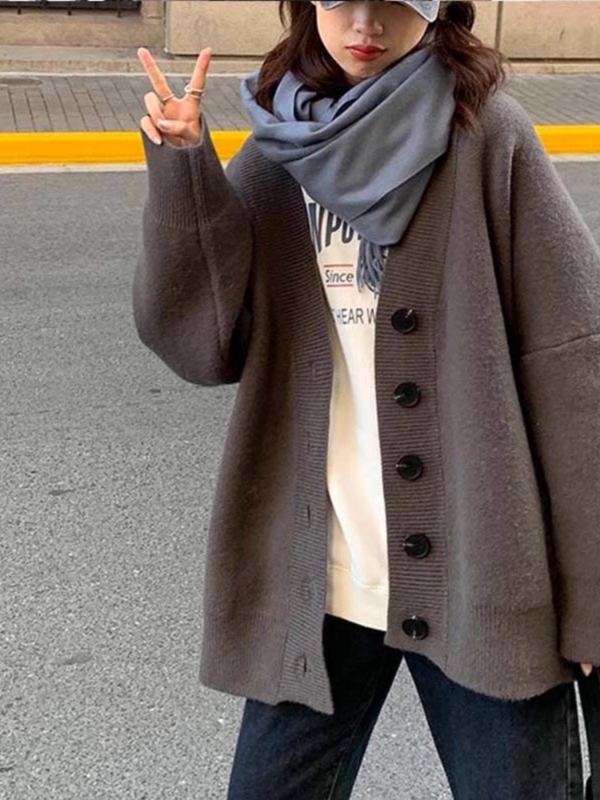 黑色毛衣外套女大码2025加厚外穿复古中长款慵懒宽松v领针织开衫1|undefined