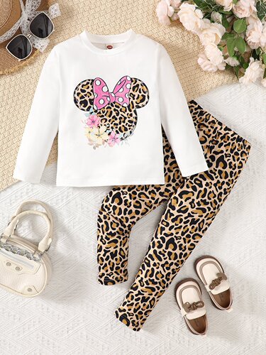 INS New Women's Children Spring and Autumn Long-Sleeve Mickey Mouse Print + Pants Leopard Print Set Cute
