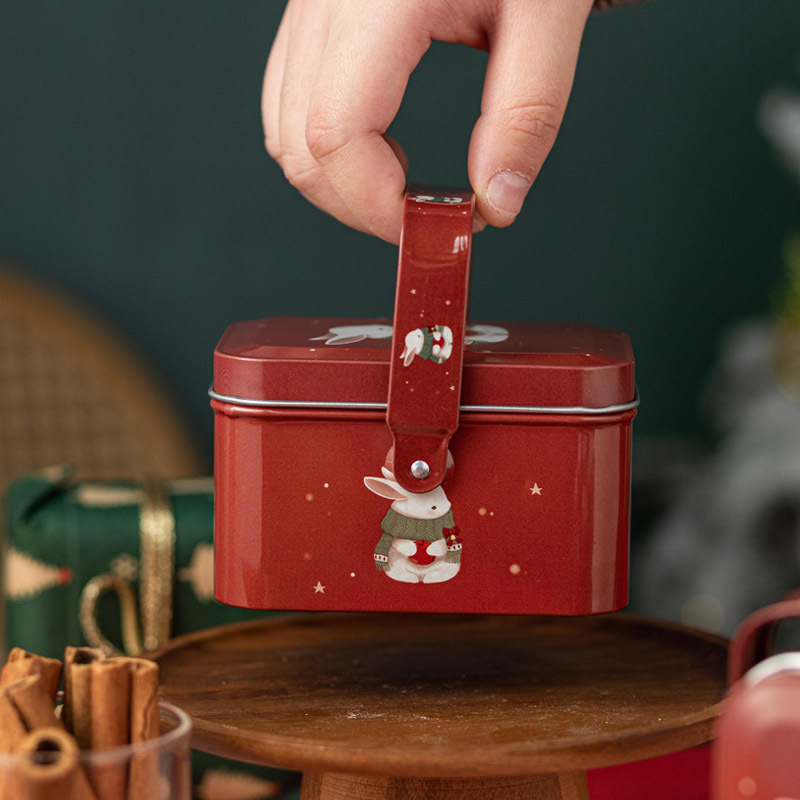 Caja de hojalata navideña roja, exquisita caja de dulces de mano, pequeña caja de hojalata para galletas, caja cuadrada de hojalata navideña vacía