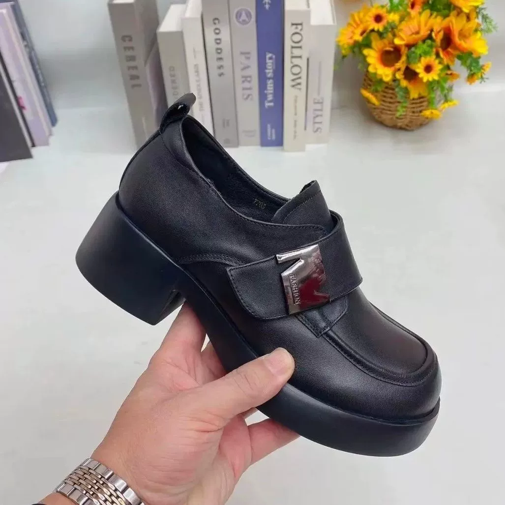 Мягкая кожа модная обувь на толстой подошве Lefu Женская осень 2025 Новый круглый туфли на каблуке с толстым каблуком