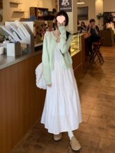 大码女装微胖白色连衣裙女胖MM显瘦遮肚吊带裙子针织开衫长裙套装