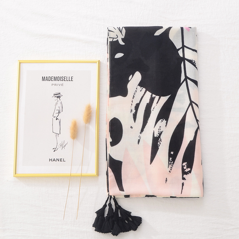 Amazon deseo transfronterizo primavera bufanda delgada señoras viaje foto chal hojas impresas algodón y cáñamo sensación bufanda