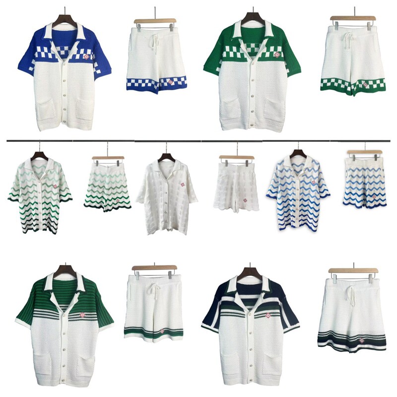 Casablanca Pearl Button Contrasting Color Cut Out Knitwear Knitwear Men's and Women's Short-Sleeved Cardigan Shorts Suit Summer