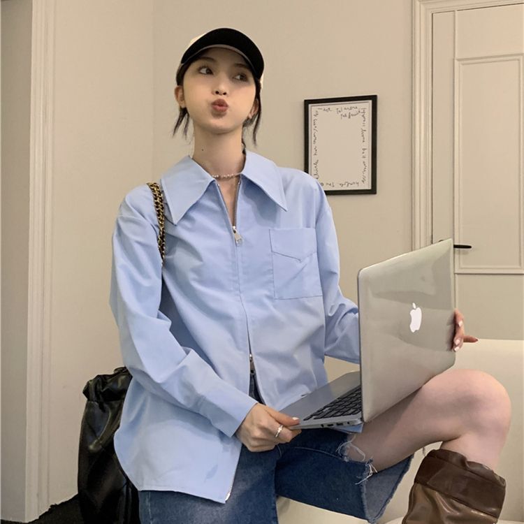 法式拉链白色长袖衬衫女秋季设计感小众宽松显瘦别致新款上衣|undefined